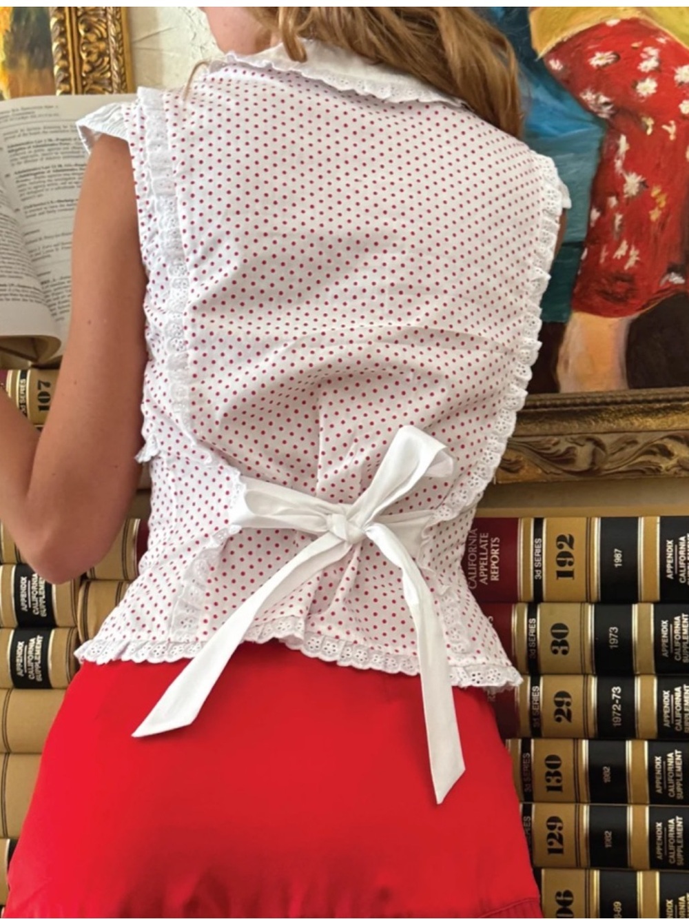White Eyelet Ruffle Button-Up Blouse with Peter Pan Collar - Picture 2 of 3